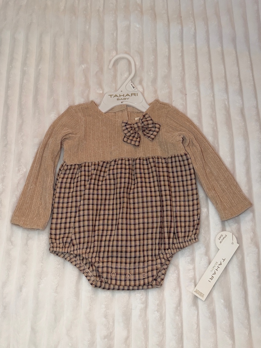 Tahari Baby Beige Knit Top with Plaid Bow Romper